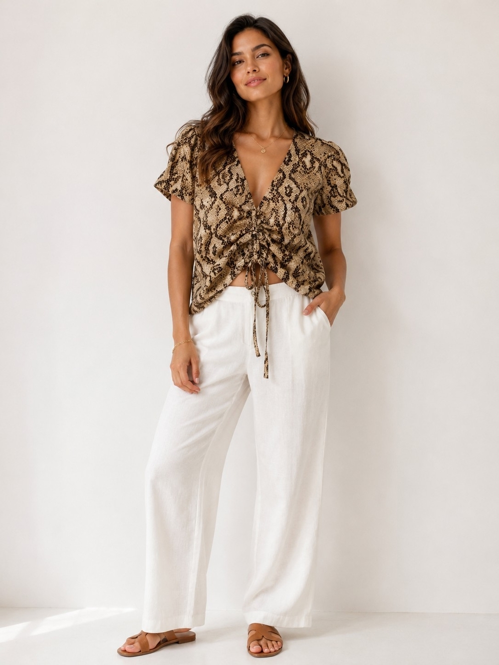 emory park Snake-Print Tie Front Crop Top - Beige Brown